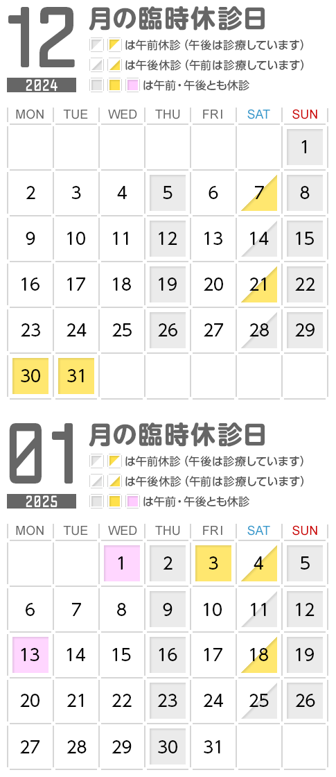 12月・1月月の臨時休診日